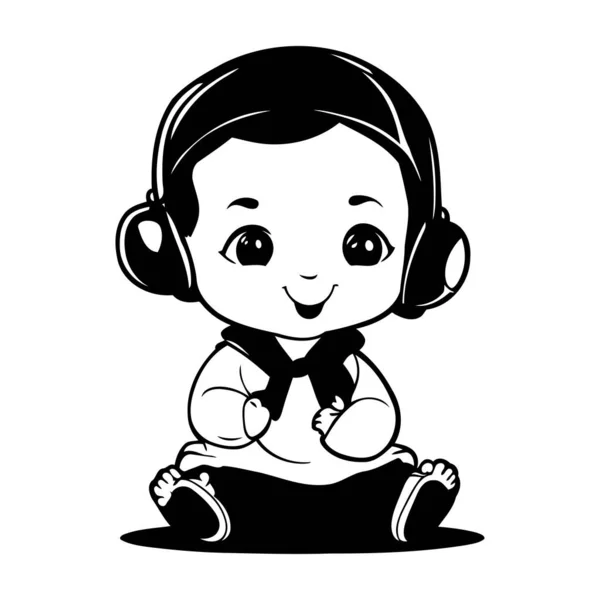 ヘッドフォンとマイクが付いているかわいい男の子 漫画ベクターイラストグラフィックデザイン — ストックベクタ