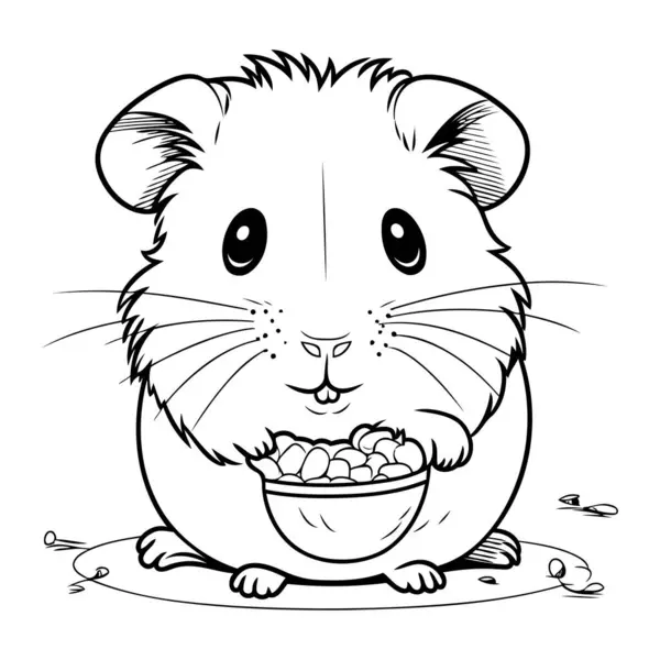 Hamster Mit Schale Mit Futter Schwarz Weiß Cartoon Illustration Vektor — Stockvektor