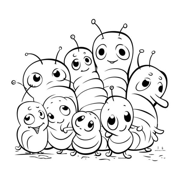 Black White Cartoon Illustration Group Caterpillars — Stock Vector