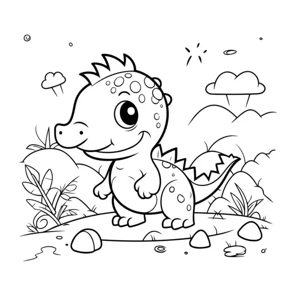 Şirin Dinozor Vektör İllüstrasyonunun Renkli Sayfa Özeti.