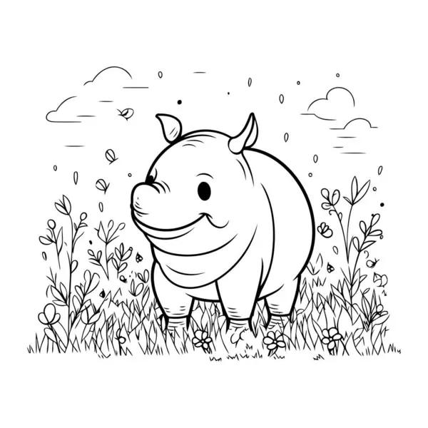 Mignon Rhinocéros Dessin Animé Dans Prairie Illustration Vectorielle — Image vectorielle