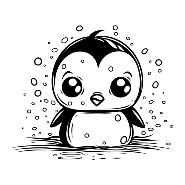 Lindo Pingüino Bajo Lluvia Ilustración Vectorial Blanco Negro — Vector de stock