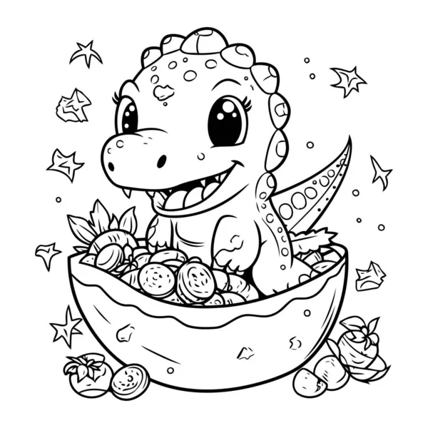 Coloring Book Children Cute Dinosaur Bowl Fruits — Stock Vector