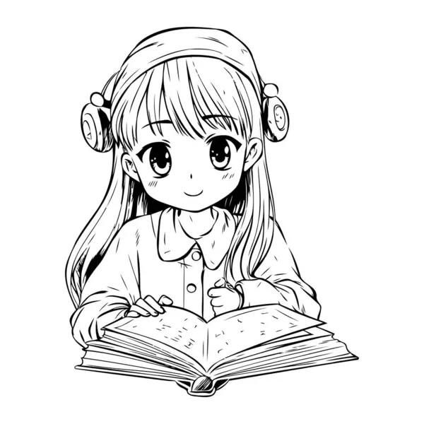 Premium Photo  Cute girl reading a big book. ink black and white drawing