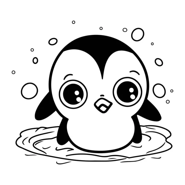 Söt Pingvin Simmar Poolen Svart Och Vit Vektor Illustration — Stock vektor