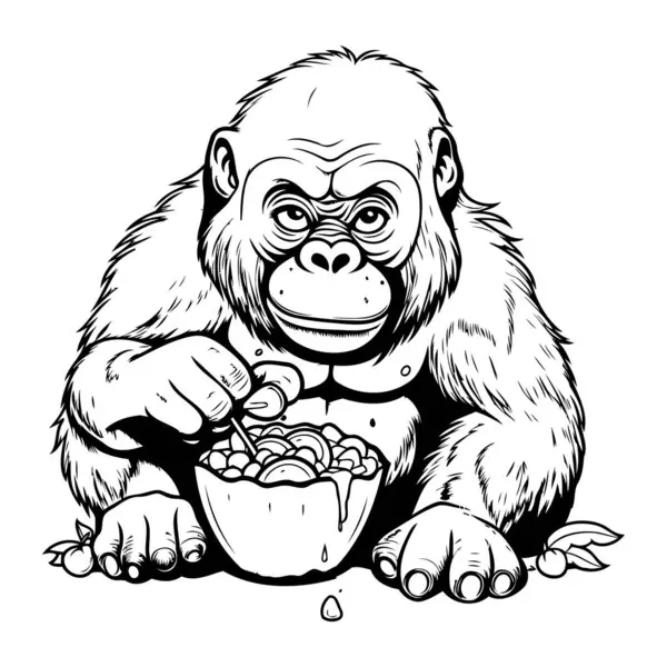 Bir Kase Tahıllı Goril Vektör Illüstrasyonu — Stok Vektör