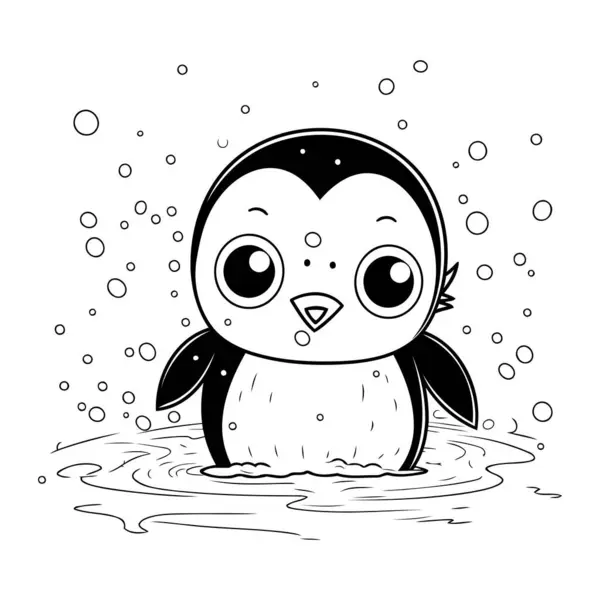 Lindo Pingüino Agua Ilustración Vectorial Blanco Negro — Vector de stock