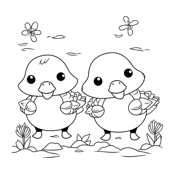 Cute Little Penguins Couple Garden Characters Vector Illustration Design — Stock Vector