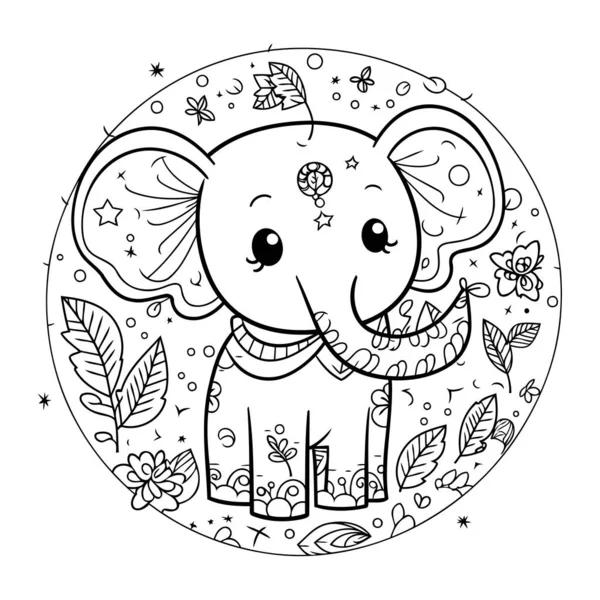Circle Cute Elephant Coloring Page Adults Vector Illustration — Stock Vector