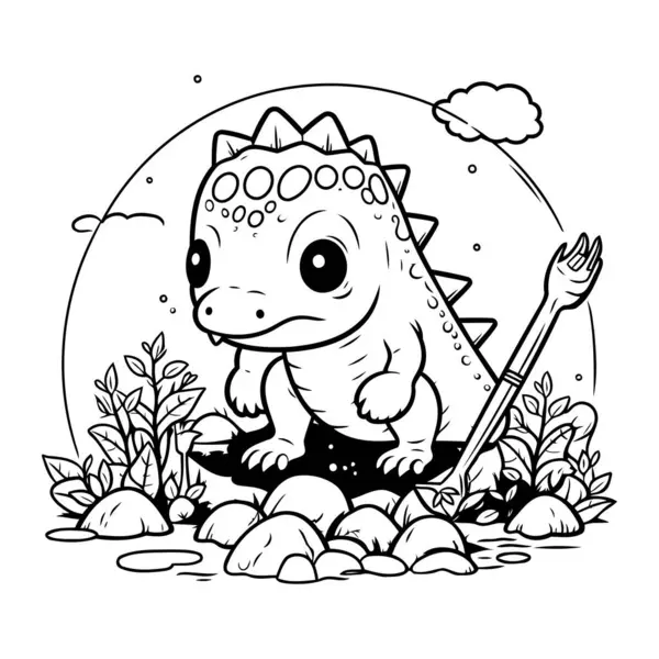 Bahçedeki sevimli karikatür dinozoru. Boyama kitabı için Vektör illüstrasyonu.