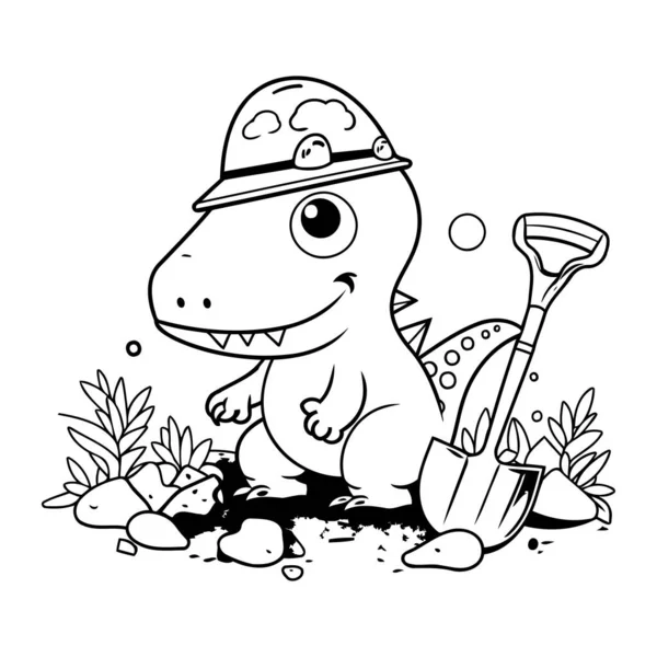 Coloring Page Outline Cute Dinosaur Cartoon Character Shovel — Stock Vector