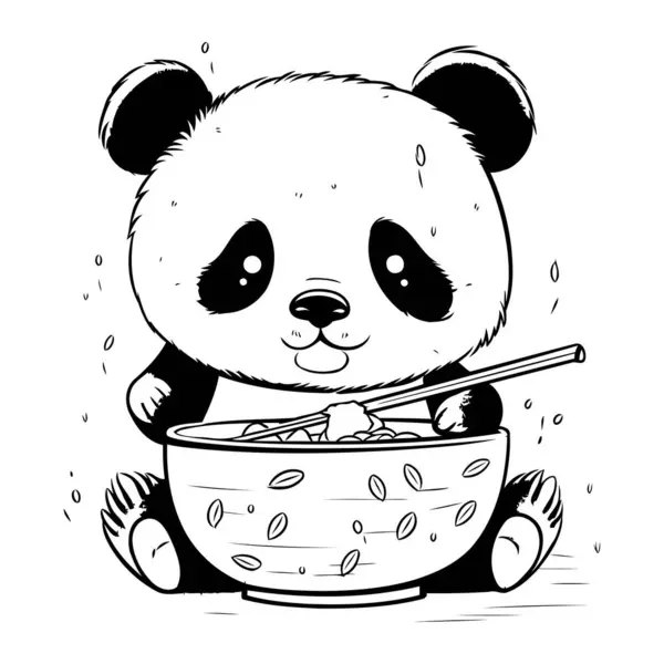 Bonito Panda Dos Desenhos Animados Comendo Sopa Ilustração Preto Branco — Vetor de Stock