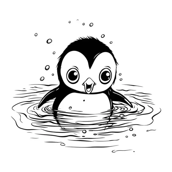 Söt Pingvin Som Simmar Vattnet Svart Och Vit Vektor Illustration — Stock vektor