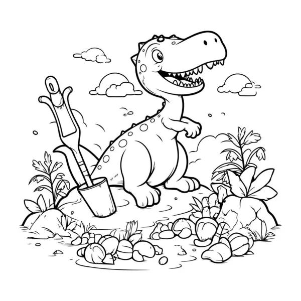 Cartoon Dinosaur Shovel Vector Illustration Coloring Book — Stock Vector