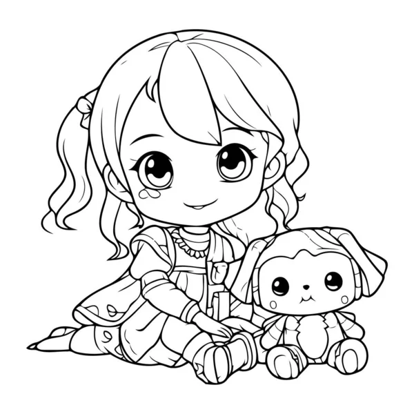 Coloring Page Outline Cute Little Girl Teddy Bear Royalty Free Stock Illustrations