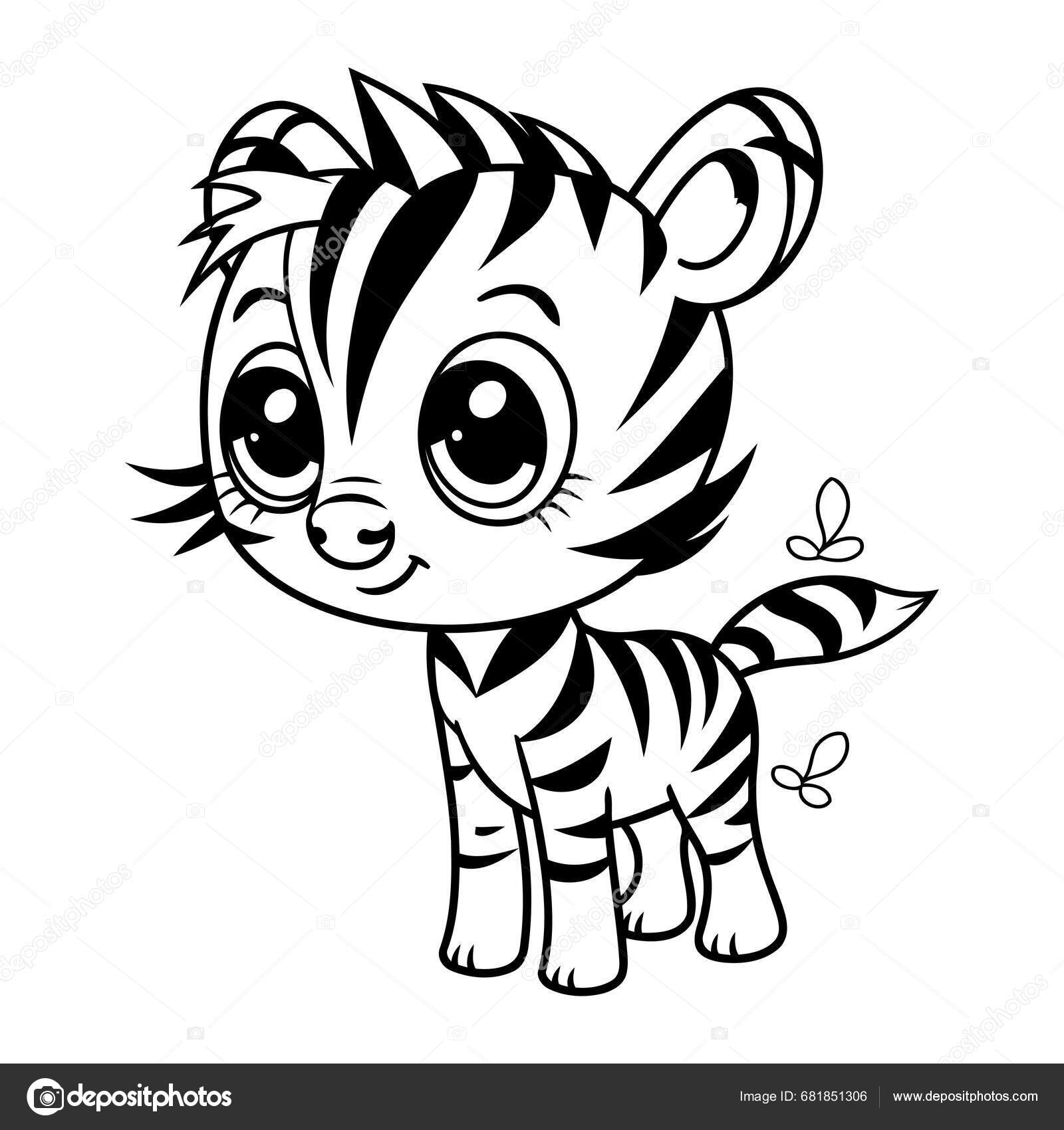 Sort Hvid Tegneserie Illustration Sød Tiger Dyr Karakter Til Malebog ...