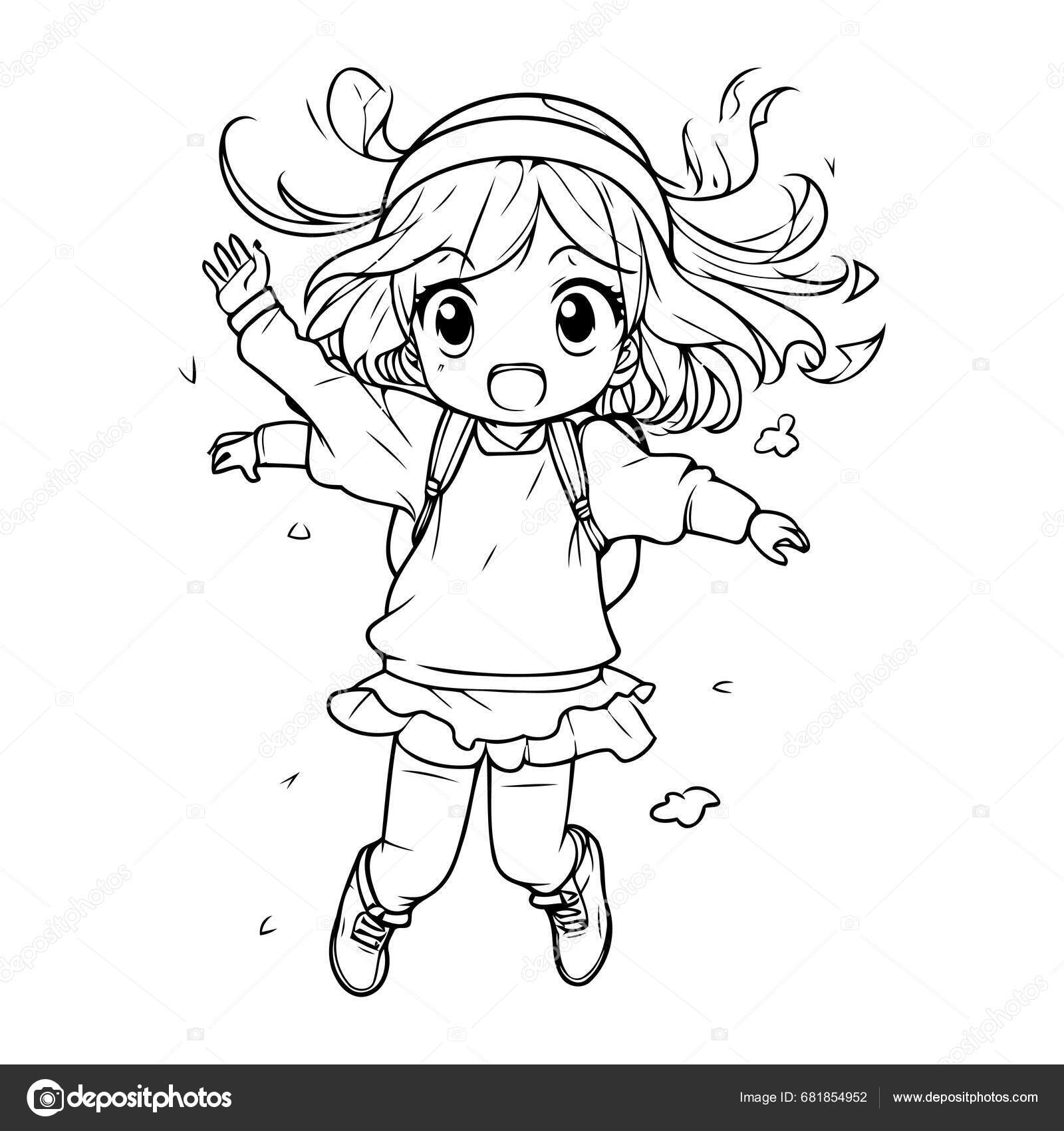 Coloring Page Outline Cute Little Girl Jumping Stock Vector by ...