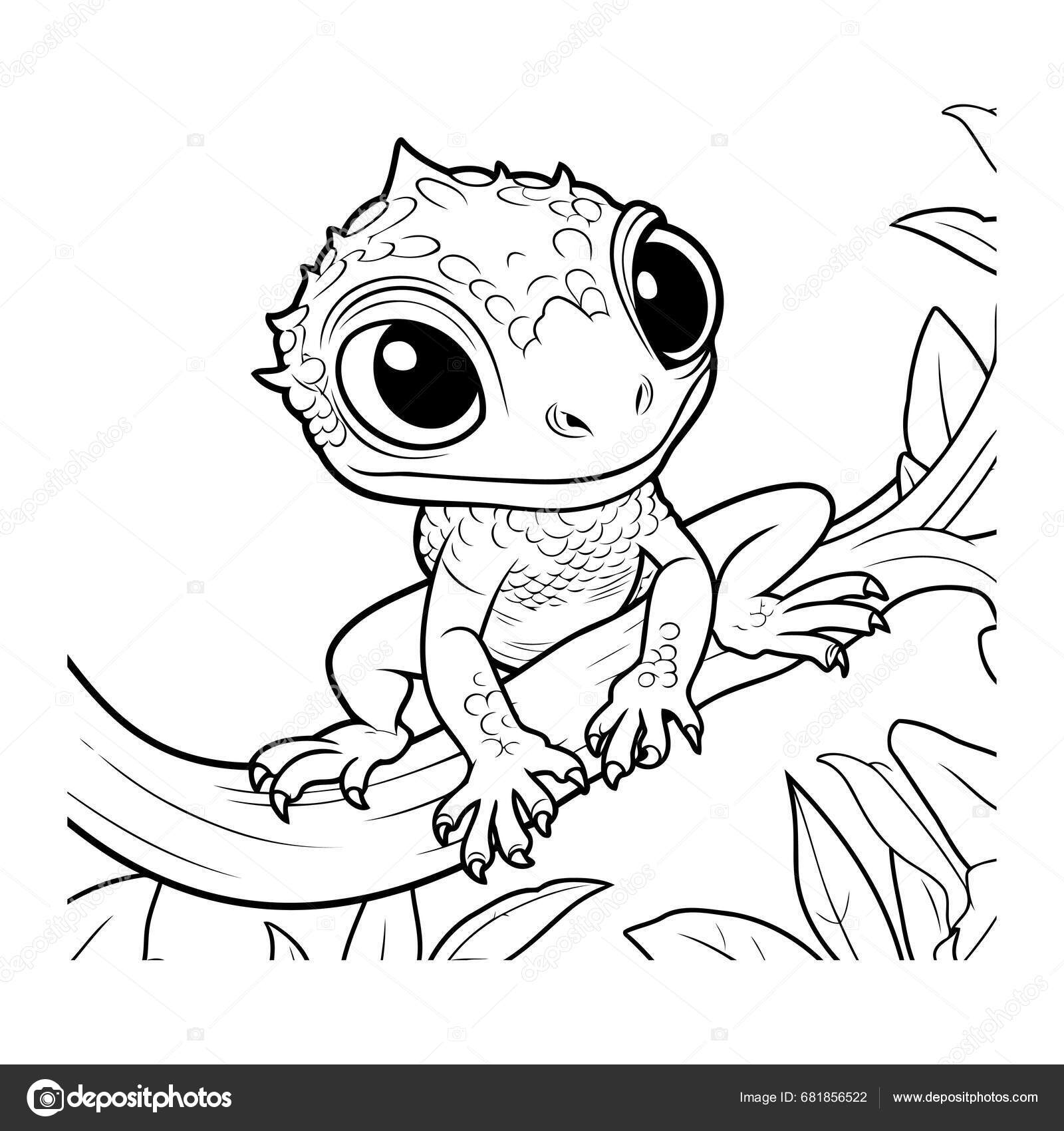 Coloring pages cute cartoon lizard branch vector illustration stock