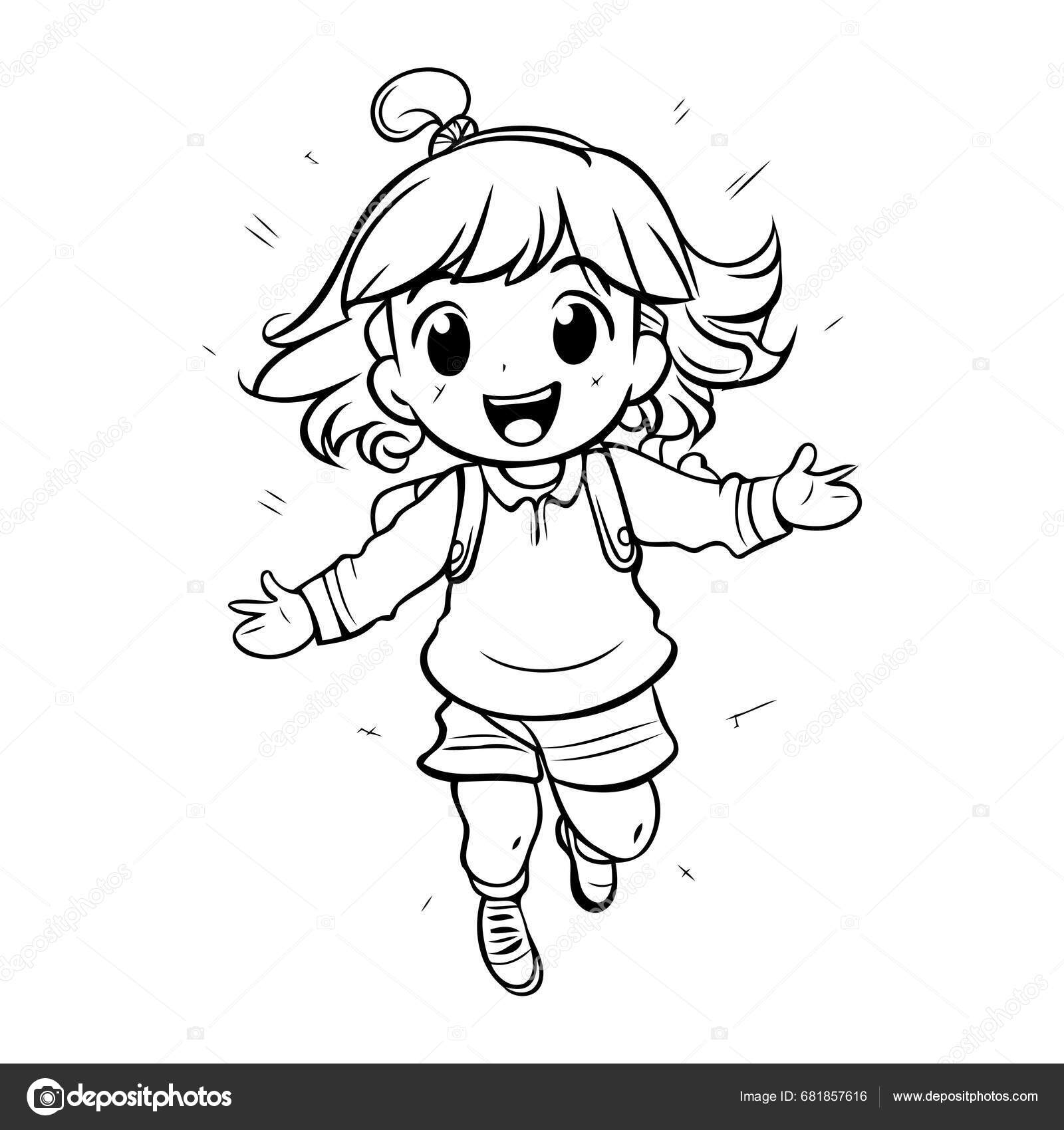 Coloring Page Outline Cute Little Girl Jumping Stock Vector by ...