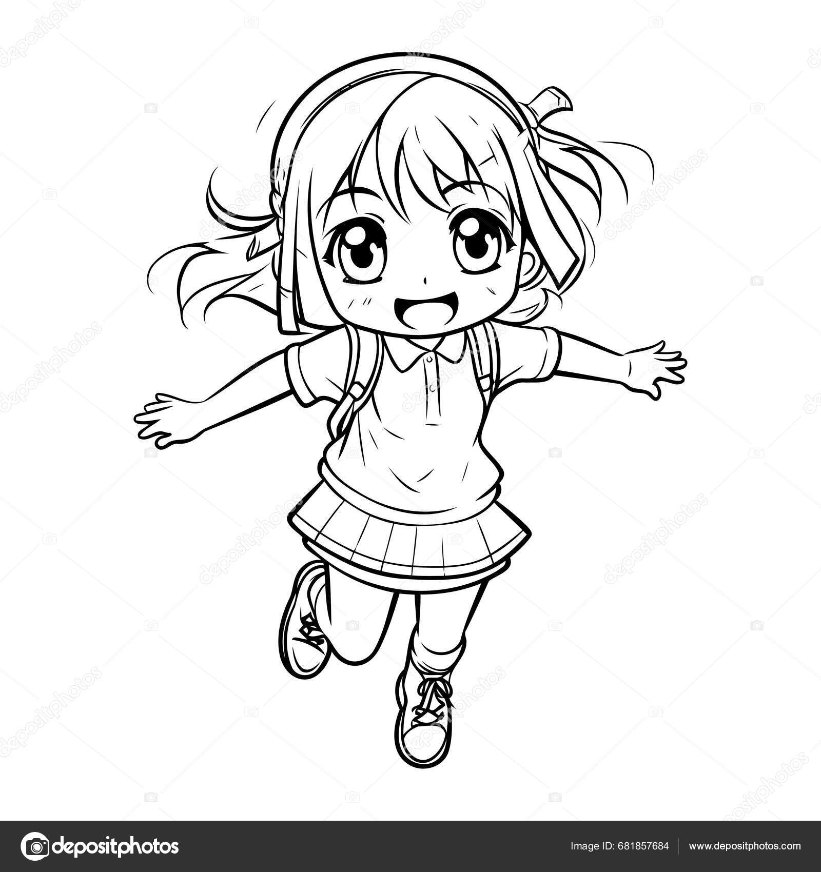 Black White Cartoon Illustration Cute Little Girl Jumping Headset ...