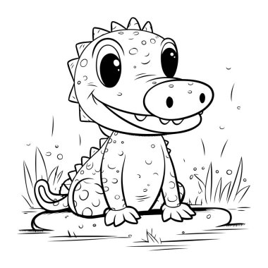 Çimlerin üzerinde oturan sevimli küçük dinozor. Boyama kitabı için Vektör illüstrasyonu.