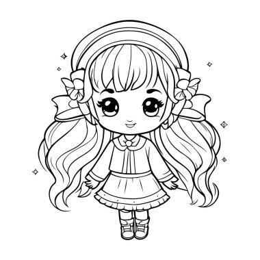 Sevimli küçük kız boyama sayfası. Boyama kitabı için Vektör illüstrasyonu.