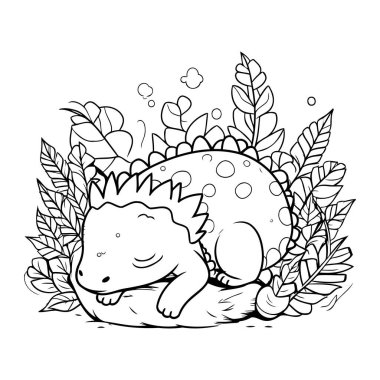 Yaprakları ve bitkileri olan sevimli küçük dinozor karakter vektör çizimi tasarımı