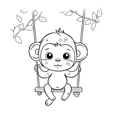 Salıncaktaki şirin maymun. Boyama kitabı için Vektör illüstrasyonu.
