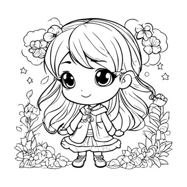 Çiçekli şirin küçük kız. Boyama kitabı için Vektör illüstrasyonu.