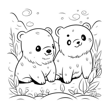 Çimlerin üzerinde oturan iki sevimli ayının siyah-beyaz çizimi.