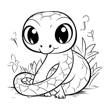 Çimlerin üzerinde oturan sevimli küçük kaplumbağa. Çocuklar için boyama kitabı