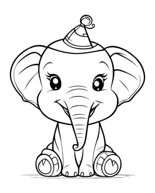 Renklendirme Kitabı için Siyah ve Beyaz Filli Sevimli Fil Hayvanı Çizimi