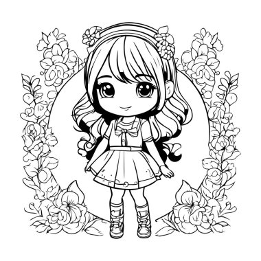 Çiçek desenli şirin bir kız. Boyama kitabı için Vektör illüstrasyonu.