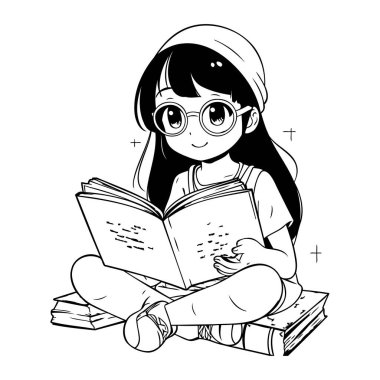 Kitap okuyan sevimli küçük bir kız. Siyah beyaz vektör illüstrasyonu.