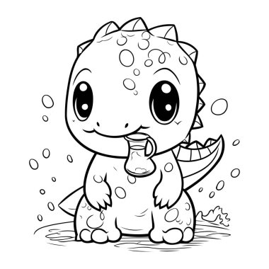 Renklendirme Kitabı için Siyah ve Beyaz Dinozor Hayvan Karakteri Çizimi