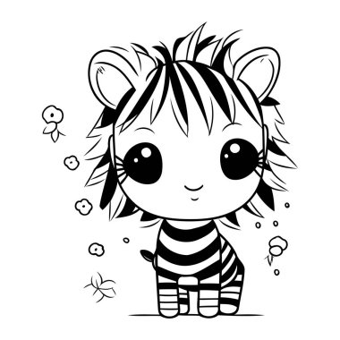 Tatlı çizgi film zebrası. Boyama kitabı için siyah ve beyaz vektör çizimi.