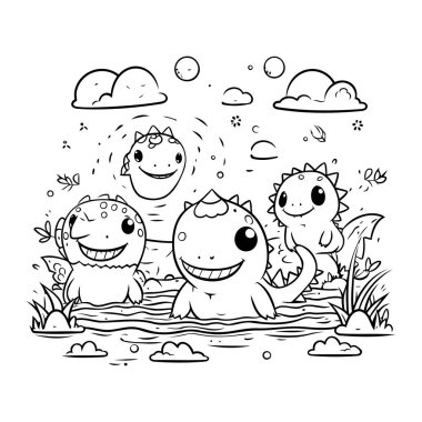 Parktaki sevimli canavarların vektör çizimi. Çocuklar için boyama kitabı