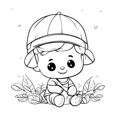 Beyzbol şapkalı şirin bir çocuk. Boyama kitabı için Vektör illüstrasyonu