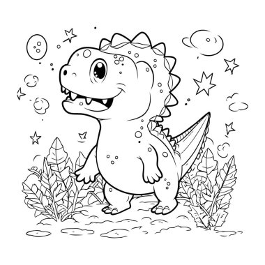 Şirin Dinozor Vektör İllüstrasyonunun Renkli Sayfa Özeti.