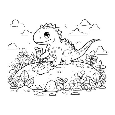 Çocuklar için boyama sayfası. Bir kadeh şarapla sevimli bir dinozor. Vektör illüstrasyonu.