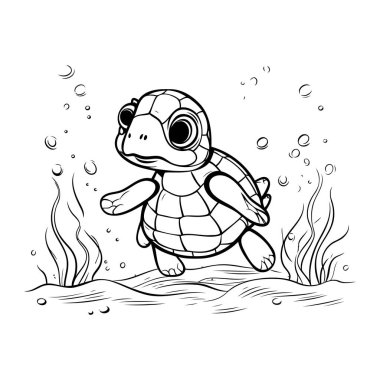 Kaplumbağa denizde yüzüyor. Siyah ve beyaz vektör çizimi.