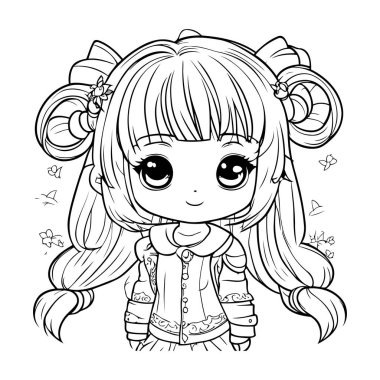 Tatlı çizgi film kızı. Boyama kitabı veya sayfa için vektör illüstrasyonu.