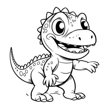 Şirin Çizgi Film Dinazoru Siyah ve Beyaz Çizgi Film İllüstrasyonu. Vektör