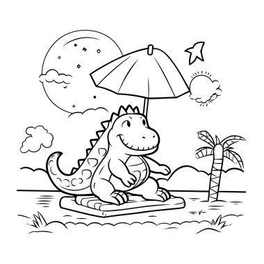 Kumsalda şemsiyesi olan sevimli bir dinozor. Vektör resimleme kitabı
