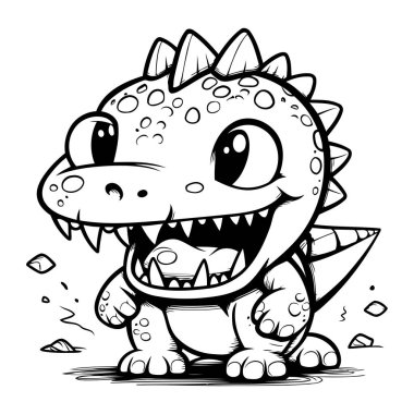 Şirin Çizgi Film Dinazoru Siyah ve Beyaz Çizgi Film İllüstrasyonu. Vektör