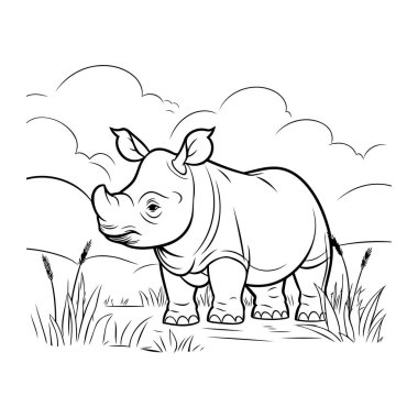 Gergedanlar sahada. siyah ve beyaz vektör çizimi.