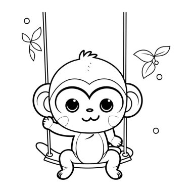 Maymun salıncakta oturuyor. Siyah ve beyaz vektör çizimi.