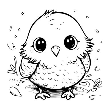 Sevimli küçük piliç. Siyah ve beyaz renkli vektör illüstrasyonu.