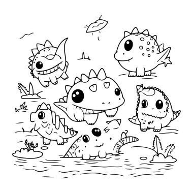 Suda sevimli dinozorlar var. El çizimi vektör illüstrasyonu.