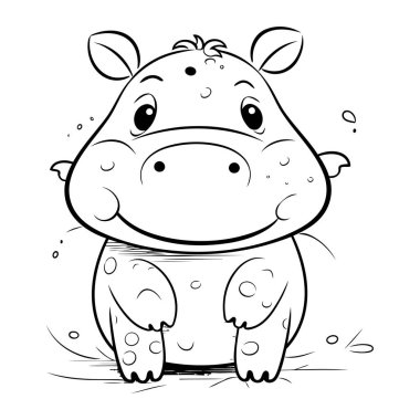 Renklendirme Kitabı için Siyah ve Beyaz Hippo Hayvan Karakteri Çizimi